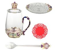Ipetboom Enamel Flower Tea Mug Set Clear Glass Cups with Crown Design for Coffee Milk Juice Daily Use Lustrous for Anniversary Birthday Wedding