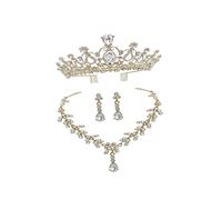 Ipetboom Golden Crystal Crown Necklace Earring Set Elegant Wedding Dress Accessories for Women Bride Jewelry Three Classic Bridal Costume