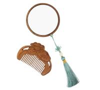 Ipetboom Hand-carved Wooden Comb and Vintage Handheld Mirror Set with Tassel Lightweight Portable Grooming Kit for Travel Home Office Clarity and Scalp-friendly Detangling