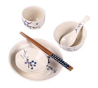 Ipetboom Japanese Dinner Set 6 Pcs for One Person with Eco-Friendly Ceramic and Wooden Material, Featuring Practical Blue Japanese Porcelain Plates and Bowls Sets for Household Tableware