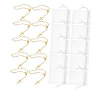 Ipetboom Mini Rosary Bracelets 12 Sets Faux Gold and White Pearl Cross 7x9cm for Baptism Communion Wedding Party Christian Jewelry for Spiritual Events