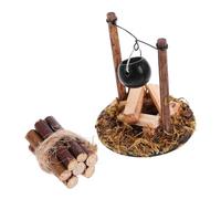 Ipetboom Miniature Doll House Firewood Decor and Mini Pot Set, Resin Outdoor Garden Camping Accessories for Dollhouse, Tiny Campfire Prop for Mini Furniture, 2pcs Diy Furnace Rack