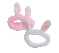 Ipetboom Plush Bunny Ear Headbands 2Pcs Elastic Hair Band for Face Wash Makeup Cosmetic Spa Yoga Pink and White for Adults