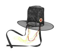 Ipetboom Vintage Korean Traditional Mesh Top Hat for Men with Wide Brim and Beaded Neck Strap - Ancient Costume Hat for Stage Performance, Halloween, and Cosplay