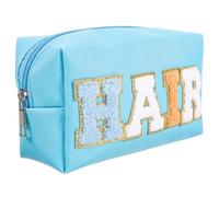 Ipetboom Waterproof Embroidered Makeup Pouch with Towel Stitch Alphabet Patch, Large Capacity Portable Cosmetic Bag for Women Travel Storage Organizer (Blue)