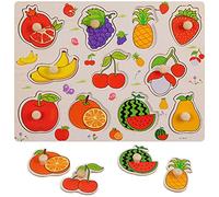 Ipetboom Wooden Fruit Puzzle: Grab Board Wood Food Peg Puzzle Brian Teaser Sensory Fruit Toy Animals Wood Toys Wooden Bag Toddler Letter