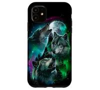 iPhone 11 Grey Wolf Hunting in the Forest under Full Moon and Aurora Case