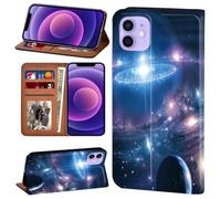 iPhone 12 Wallet Case, Leather Wallet Flip Case, Card Holder Stand Wrist Strap Protective Cover for iPhone 12/12 Pro 6.1"/12 Pro Max / 12mini (iphone 12 mini (5.4"),fantasy planets system)