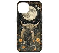 iPhone 13 Highland Cow Art Deco Celestial Moon Farm Animal Wildflower Case