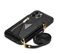 iPhone 13 Pro Max Case with Strap, iPhone 13 Pro Max Mobile Phone Case, GUVAGI Leather Cover Flip Case Zip Shockproof Protective Case Magnetic Aesthetic Girls Mobile Phone Case with Chain Neck (Black)