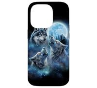 iPhone 14 Pro Three Majestic Wolf Engulfed in Galaxy Clouds Under Icy Moon Case