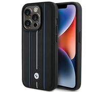 iPhone 15 Pro Case BMW Genuine Leather Stripe Black Logo Metal