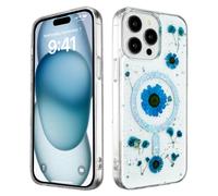 (iPhone 16 Plus, Blue) Case for iPhone 16 Pro Max Plus, Glitter Bling Diamond Back Floral Phone Cover [Compatible with MagSafe]