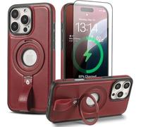 iPhone 16 Pro Max Wallet Case with Magnetic Ring Grip, Premium Leather Protective Cover with Stand Function, Built-in Strap Holder & Tempered Glass Screen Guard - Compatible with MagSafe (Burgundy)