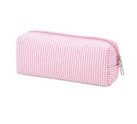 iPhox Pink Pencil Case for Girls, Striped Pencil Case Cute Aesthetic Pouch | Pink striped fabric pencil case with boxy shape and wide zip opening for school, college, office and home study