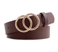 iPhox Women's Faux Leather Belt, Deep Brown Belt with Double-Ring Gold Buckle, Adjustable Ladies Belt for Dresses, Jeans & High Waist Trousers, Chic Casual Everyday Waist Belt