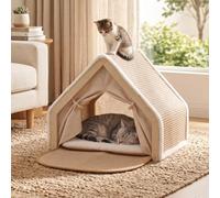 Ipixune Cat House Indoor with Scratcher, Cat Condo Hideaway Cave Bed, Jute Cat Scratch House with Soft Cushion, Wood Frame Cat Houses for Indoor Cats, A-Shape M Size 19.7x15.7x15.7 in