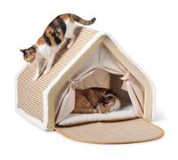 Ipixune Cat House Indoor with Scratcher, Large Cat Condo Wicker Style Cat Cave Bed, Wood Frame Cat Scratch House with Soft Cushion, Cat Houses for Indoor Cats, Cat Hideaway Tent for Medium Large Cats