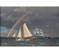 IPLUPJDY Vintage Poster Wall Prints Painting on Canvas Rainbow At Sea with Some Cruising Ships by Christoffer Wilhelm Eckersberg Picture Art Prints for Wall Decor 60x90cm