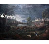 IPLUPJDY Vintage Wall Art Canvas Image Artwork Print Poster Landscape During a Thunderstorm with Pyramus and Thisbe by Nicolas Poussin Wall Art Paintiing for Home Decor 60x90cm