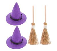 iplusmile 2 Sets Halloween Mini Witch Hats and Brooms DIY Accessories for Doll House Decoration Lifelike Purple Witch Hat and Natural Straw Broom Set for Miniature Halloween Party Scene