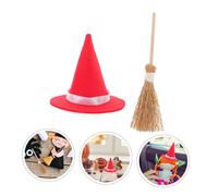 iplusmile 2 Sets Miniature Witch Hat and Broom Set Red Straw Mini Broom and Tiny Witch Hat Ornaments for Halloween Cosplay and Miniature House Accessories