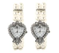 iplusmile 2pcs Elegant Women Quartz Wrist Watch with Heart Shaped Dial and Double Row Faux Pearl Bracelet Stylish Accessory for Parties Prom and Special Occasions