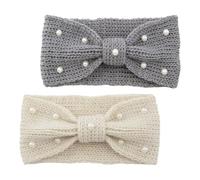 iplusmile 2Pcs Knitted Pearl Bow Headbands Ear Warmer Crochet Knit Head Wraps for Women Winter Outdoor Cold Weather Accessories Deep Grey
