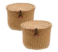 iplusmile 2pcs Seagrass Mini Desktop Trash Can with Lid, round Cylinder Storage Basket for Mess-free Storage and Stable Placement, Space-saving Design for Office Desktop and Home Entryway