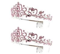 iplusmile 2pcs Silver Pink Rhinestone Tiara Headband with Comb, Bridal Wedding Crown Headdress for Women, Crystal Alloy Princess Hair Accessories for Ceremony and Party