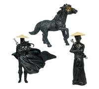 iplusmile 3pcs Chinese Style Samurai Figurines Miniature Accessories Set Cloak Knight, Sword Warrior Black Horse for Zen Garden Decor and Feng Shui Table Ornament