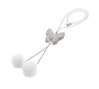 iplusmile Bling Crystal Butterfly Car Rear View Mirror Ornament with Plush Ball Hanging Pendant for Car Interior Decoration Rhinestone Charm for Lucky Drivers