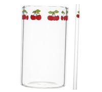 iplusmile Cherry Pattern Glass Water Cup with Straw Glass Tea Mug for Coffee and Drinks Stable Base Smooth Surface Lightweight Cup for Indoor Outdoor Use