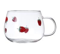 iplusmile Large Capacity Glass Milk Cup with Handle 350ml Cute Strawberry Print Coffee Mug for Hot Drinks Suitable for Office and Restaurant Use