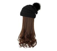 iplusmile Long Wavy Wig Hat Set Detachable Light Brown Wig and Black Knit Beanie Warm Winter Beanie Hair Attached for Women, Cold Weather Headwear