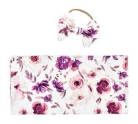 iplusmile Printed and Headband Set, Deep Purple Floral Receiving Blanket with Bow Knot, Sleeping Wrap and Photo Prop