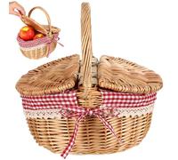 iplusmile Traditional Wicker Picnic Basket with Handle and Double Lid, Empty Hamper Basket with Red Gingham Liner, Small Rattan Foraging for Easter Egg Hunt, Camping and Romantic Dates