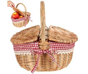 iplusmile Traditional Wicker Picnic Basket with Handle and Double Lid, Empty Hamper Basket with Red Gingham Liner, Small Rattan Foraging for Easter Egg Hunt, Camping and Romantic Dates