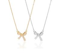 IPNSDON 2Pcs Bow Necklace,Butterfly Collarbone Necklace for Women,Light Luxury Sparkling Diamond Minimalist Design Necklace, Sterling Silver Bow Necklace for Women（Gold and Silver）