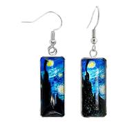 IPNSDON 2Pcs Van Gogh Painted Starry Night Earrings Blue Metal Art Unique Vintage Rectangle Glass for Women Sisters Mothers Dangle Drop Jewelry，Delicate and beautiful, suitable for birthday gifts