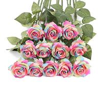 IPOPU Artificial Rainbow Flowers, 12PCS Rainbow Roses Bouquet Fake Rainbow Roses Real Touch Roses Silk Flowers for Floral DIY Home Wedding Decor Party Garden Bridal Bouquets Decorations (Rainbow)