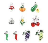 Ipotkitt 10 pcs 10 Styles Antique Silver Alloy Food Enamel Charms Fruit Vegetable Corn Pumpkin Grape Cherry Charms for DIY Jewelry Bracelet Necklace Earrings Keychains Crafts