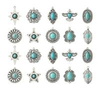Ipotkitt 10 Pcs 10 Styles Boho Theme Synthetic Turquoise Charms Antique Silver Flower Star Teardrop Shape Charms Vintage Western Charms for DIY Earring Necklace Jewellery Making