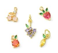 Ipotkitt 10 Pcs 5 Styles Brass Cubic Zirconia Fruit Charms Colourful Strawberry Grape Cherry Shape Charms Gold Metal Food Charms for DIY Bag Jewellery Making