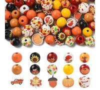 Ipotkitt 100 pcs 15 Styles Wood Round Autumn Theme European Beads Wooden Thanksgiving Day Fall Theme Large Hole Beads for DIY Crafts Jewelry Bracelet Necklace Home Keychains Decor