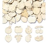 Ipotkitt 100 Pcs Random Wooden Fruit Cutouts Unfinished Wood Food Pieces Floral White Apple Banana Grape Shaped Craft Supplies for DIY Bag Home Party Decor