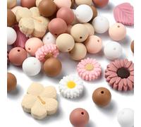 Ipotkitt 100pcs 12 Styles Red Themed Silicone Round Focal Beads Leaf Flower Shaped Beads Bubblegum Loose Spacer Beads for DIY Autumn Jewellery Making