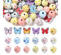 Ipotkitt 100pcs Colourful Wooden Round Beads Spring Themed Wood Ball Beads Butterfly Daisy Flower Bubblegum Spacer Beads for DIY Bag Jewellery Making