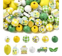 Ipotkitt 100pcs Printed Wood Lemon Theme Beads Wooden Fruit Car Green Yellow Round Spring Theme Loose Beads for Bracelets Necklaces Keychains Jewellery Making DIY Crafts