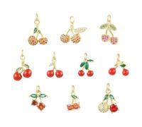 Ipotkitt 10pcs 10 Styles Brass Cherry Charms 18K Golden Plated Cubic Zircoina Fruit Charms for DIY Spring Theme Necklace Earring Art Craft Supplies Jewellery Making